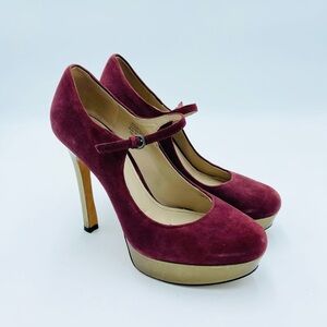 Joan & David Wine Suede Mary Jane Platform Heels